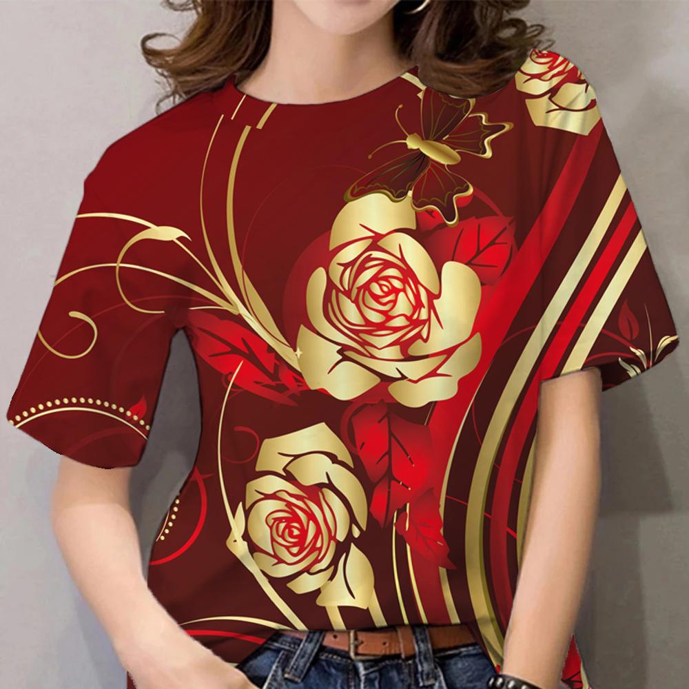 Damski T-shirt z kwiatowym nadrukiem Ubrania Harajuku Okrągły dekolt Casualowy Krótki rękaw Codzienny Y2k Bluzka Oversizeowe topy