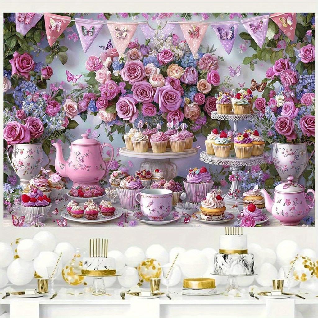 Een magisch tuinfeest met levendige bloemen en vlinders, met roze rozen, taarten en theepotten.