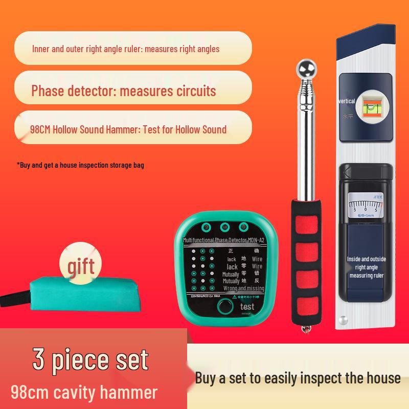 Home Inspection Toolkit: Sounding Hammer, Angle Ruler, Level, Electrical Tester, Phase Detector