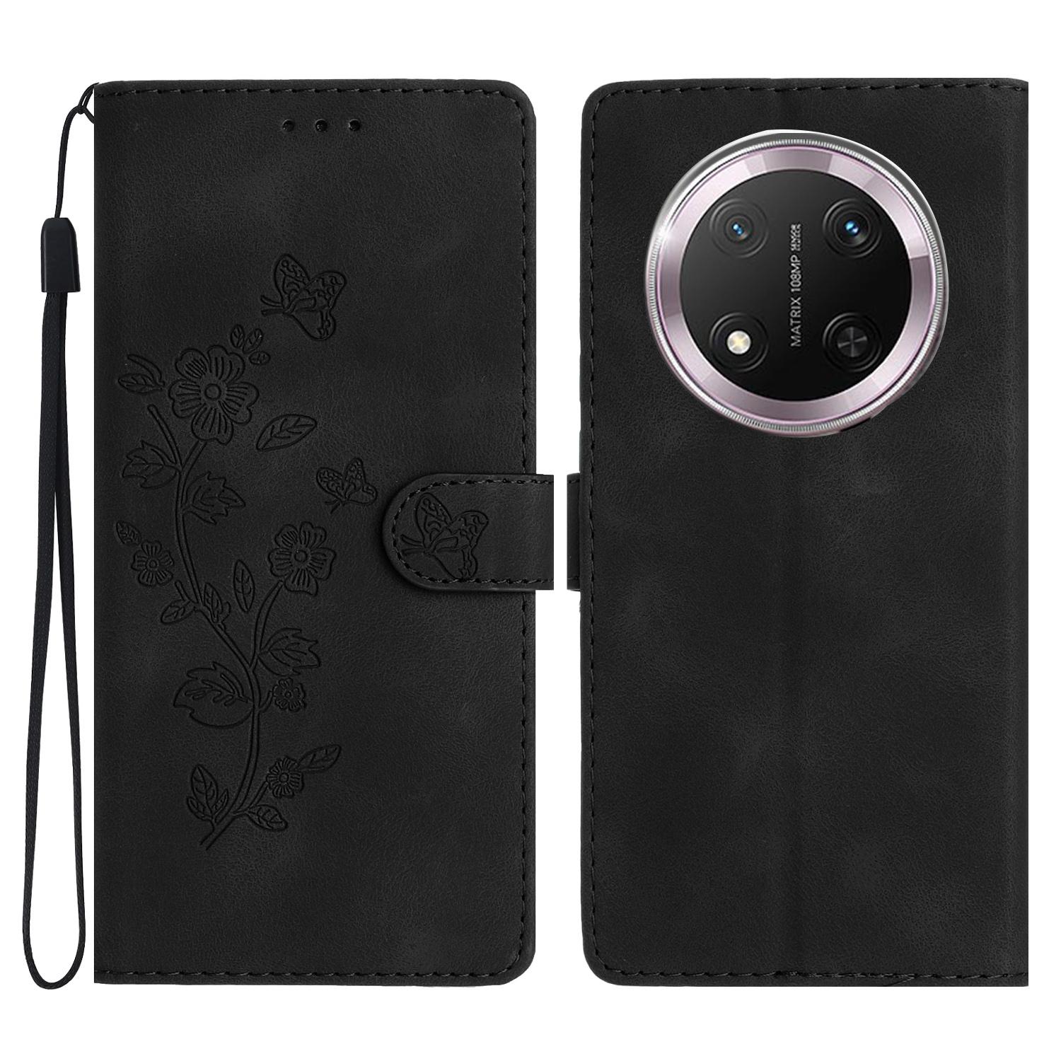 

For Honor X9c 5G Case Leather Imprinted Flower Phone Cover Wallet with Wrist Strap Black
