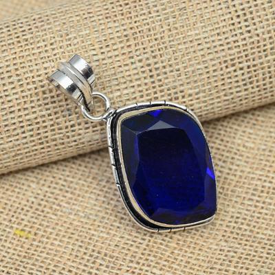 Blue Sapphire Lab-Created Gemstone Jewelry 925 Sterling Silver Handmade Wedding Pendant