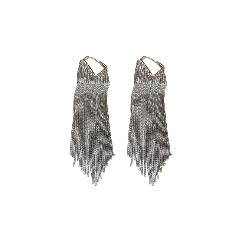 Exaggerated metal long chain fringed ear buckle earrings European and American fashion personality high-end versatile earrings women