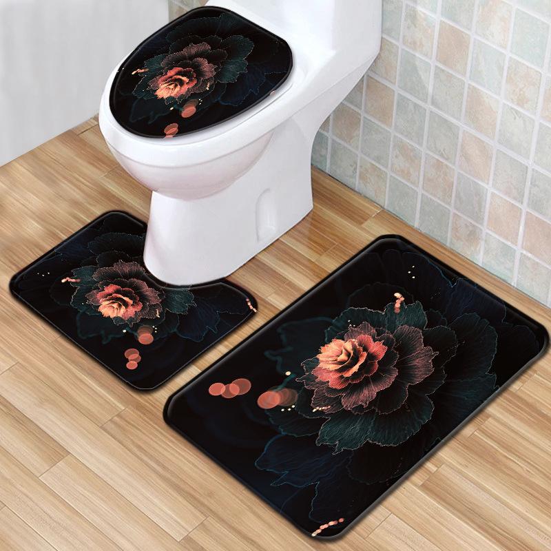 Cool Flower Pattern Bathroom Floor Mat Toilet Three-Piece Set