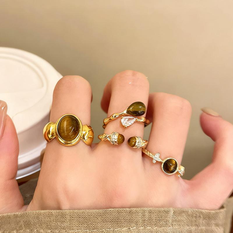 Vintage Tiger Eye Stone Rings for Women Girls Waterdrop Zircon Exquisite Aesthetic Open Ring Fashion Elegent Jewelry Party