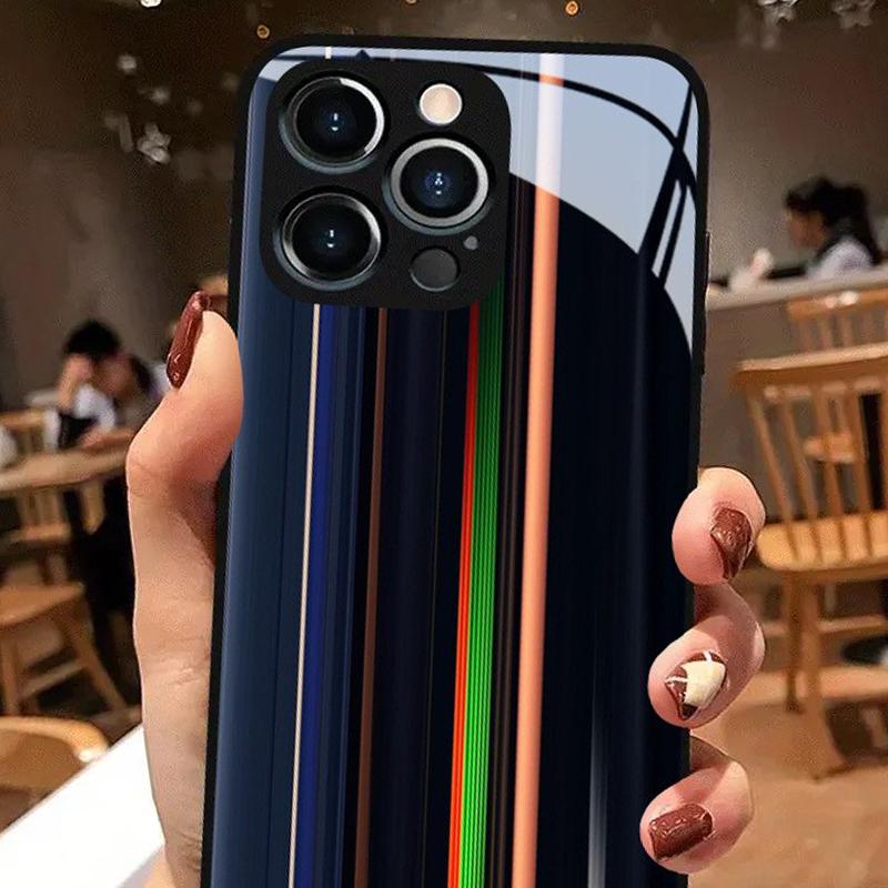 Colorful Vertical Bar Art Tempered Glass Black Phone Case For iPhone 17 Pro Max 11 12 13 14 15 16 Pro 17Air 7 Plus XS X XR Cover