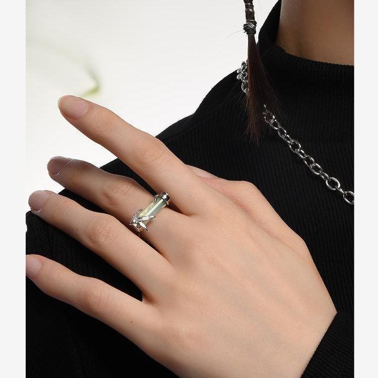 Japanischer Bambusblatt Jade Verstellbarer Damenring - Leichtes Luxusdesign