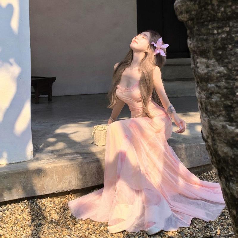 Lace splicing printing suspender dress women's summer mesh fishtail skirt design waist skirt hip-wrapped long dress