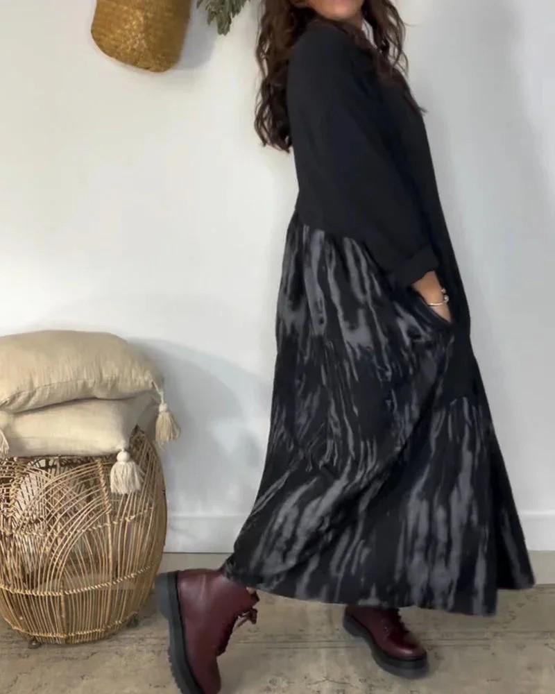 2026 Spring Tie-Dye Patchwork Loose Pleated Long Dress