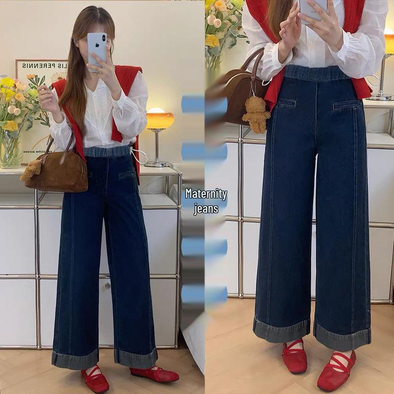 2026 Spring/Autumn Maternity Drawstring Jeans: Cuffed, Wide-Leg, Loose, Stretchy, Straight-Leg Pants. M