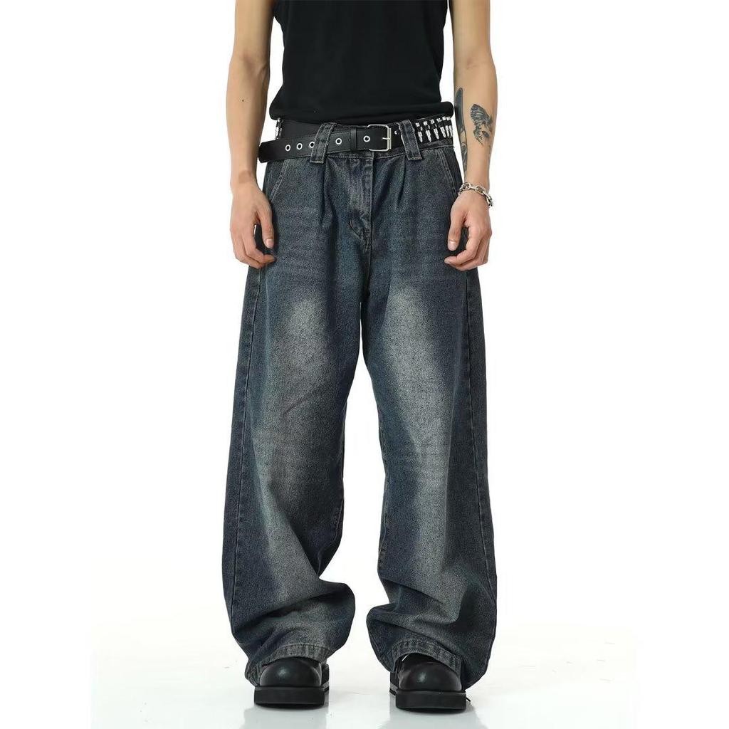 Men's American Retro Wide-Leg High Street Washed Jeans - Loose, Casual, Large-Size Trousers