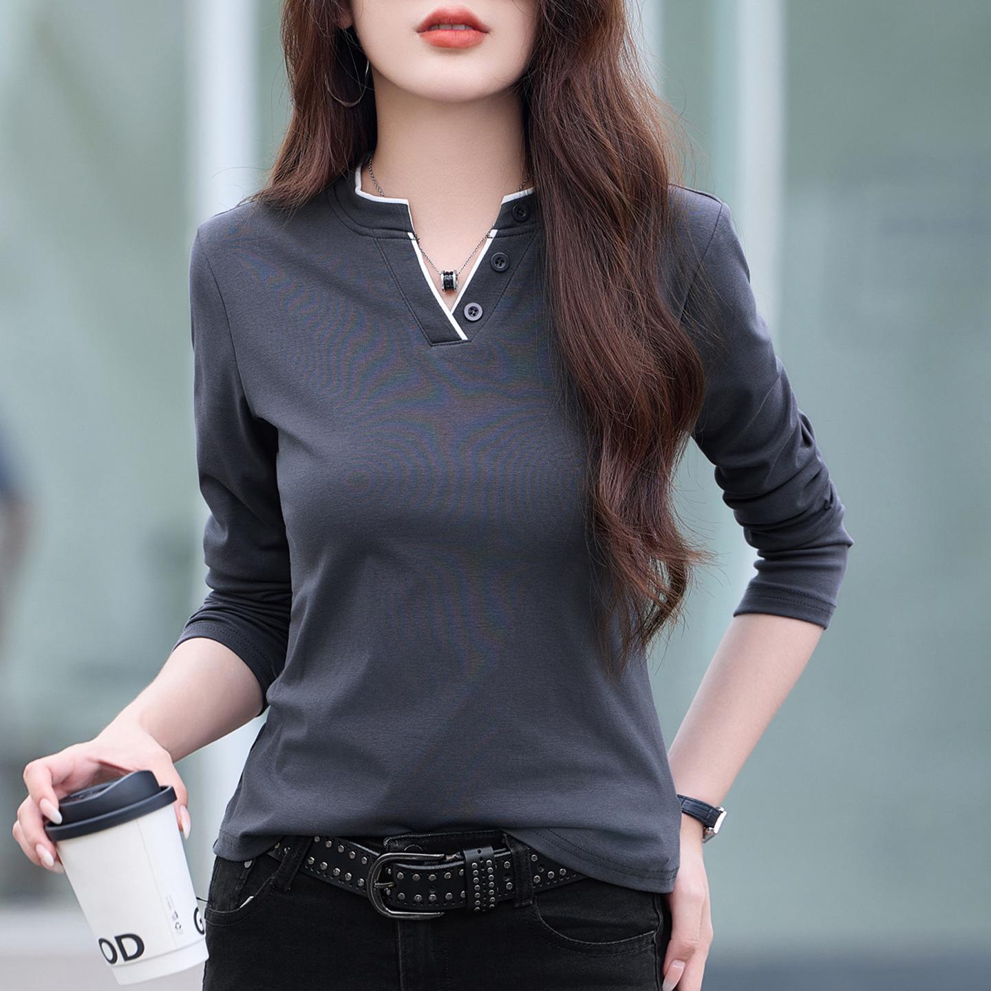 

Женская повседневная рубашка с длинным рукавом, V-образным вырезом и цветными блоками, на пуговицах - Мода весна/осень 2025 XL (120-130 catty) темно-серого