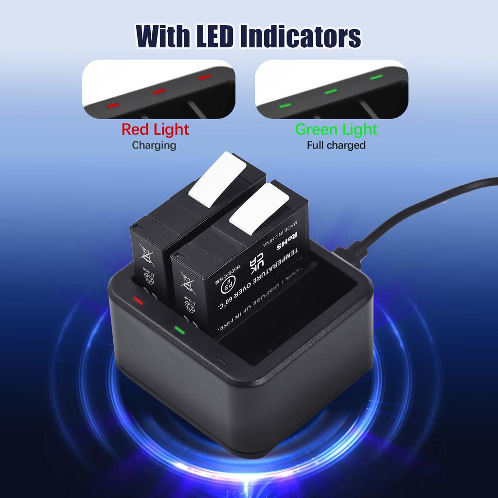 Sports Camera Battery & Charger Kit Including Three Slot Battery Charger + 3pcs 1800mAh Batteries + 3 Battery