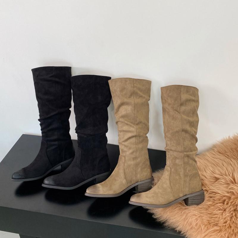 Fashion Autumn Pleated Women Knee High Boots Fashion Thick Heels Pointed Toe Shoes Western Long Botas Para Mujer