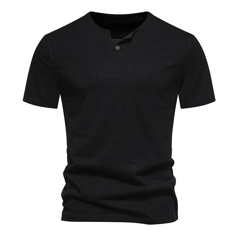 Slub Cotton T-shirt Sold Color Sigle Button V-neck Breathable Short-sleeve T Shirt Hawaiian Shirt Beach Tops Tees for Men