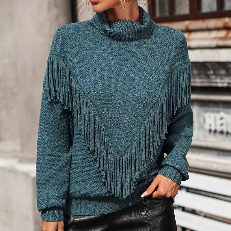 

IHUASU Осенне-зимний женский свободный свитер с кисточками, вязаный свитер с высоким воротом XL синий