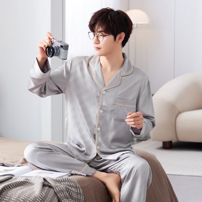 1011 New Pajamas Men's Ice Silk Long-sleeved Spring and Autumn Thin Jacquard High-end Men's Silk Loungewear Suit