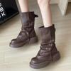 Women Boots 2026 Autumn Round Toe Chunky Platform Mid Calf Boots Fashion Retro British Style Wedges High Top Boots Botas Mujer