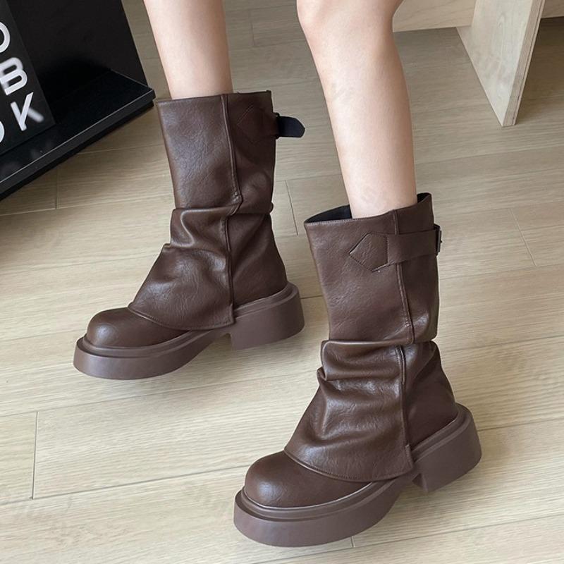 Women Boots 2026 Autumn Round Toe Chunky Platform Mid Calf Boots Fashion Retro British Style Wedges High Top Boots Botas Mujer