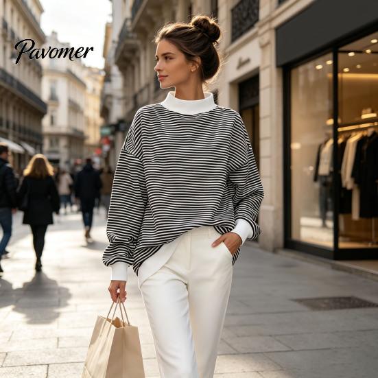 Sporty Workout Tops Women Mock Neck Striped Sweatshirt, Oversized Long Sleeve Pullover Top for Fall, Casual Half Turtleneck Shirt with Ribbed Cuffs