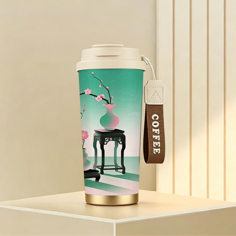 532ml Coffee Mug Vase Plum Shelf Motif Strap Coffee Cup Unisex Commuter Coffee Mug Premium Gift Water Cup Leakproof Flip Car Cup