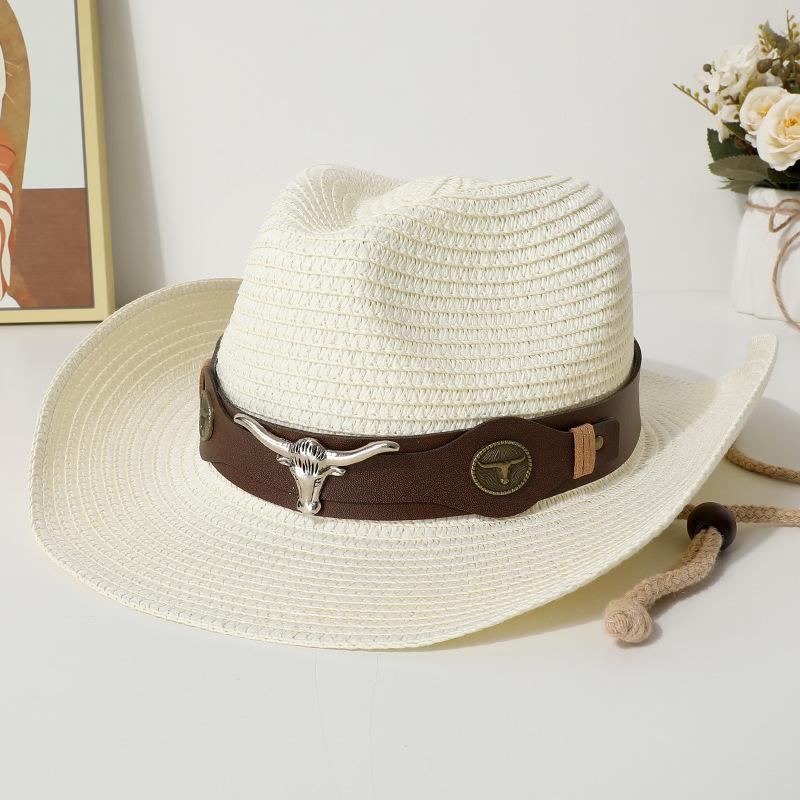 Vintage Western Straw Cowboy Hat Unisex With Belt Buckle Decoration Outdoor Beach Vacation Wide Brim Sun Hat Holiday Gift
