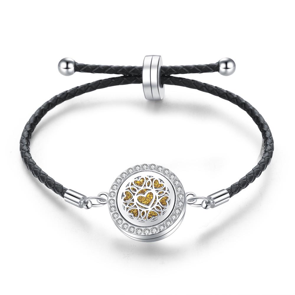 Stainless Steel Tree of Life Aromatherapy Bracelet with Diamonds and Leather Band