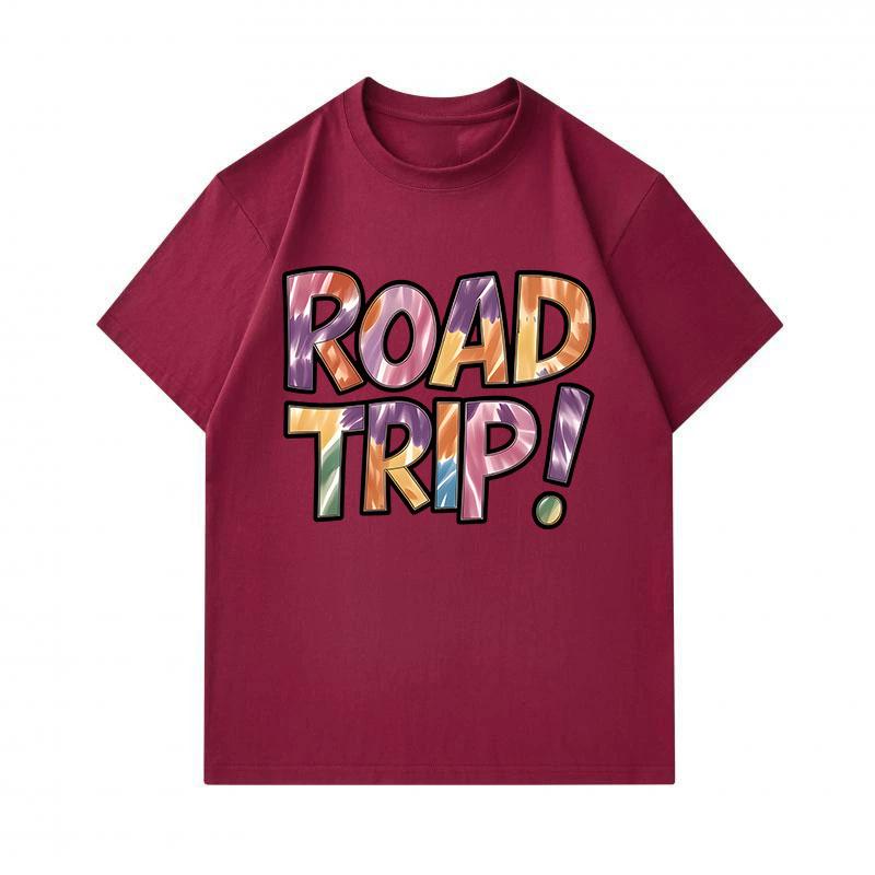 Men's 100% Cotton Crew Neck Short Sleeve T-Shirt, Fun Road Trip! Slogan Print Casual Summer Tee, Comfortable Breathable Daily Wear Top for Travel Holi