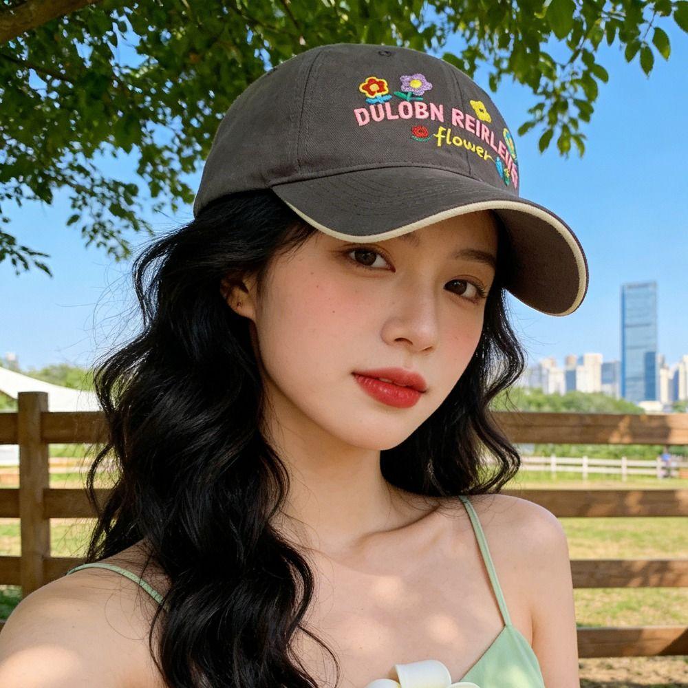 Cotton Floral Baseball Cap Letter Embroidered Streetwear Hats Casual Peaked Cap For Women Girls