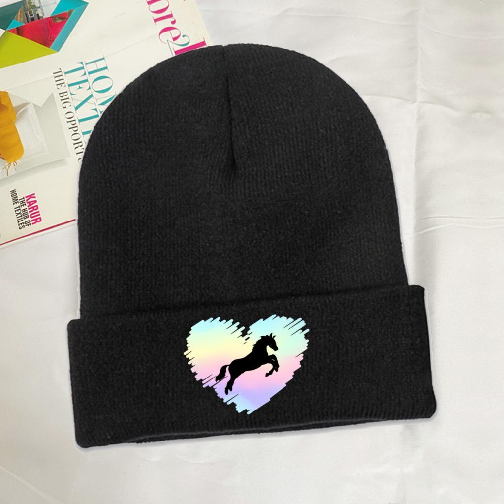 Pferdeliebhaber-Regenbogen-Herz-Strickmütze für Damen, Unisex, Skullies-Mützen, Herbst-Winter-Mützen, Hip-Hop-Kappen