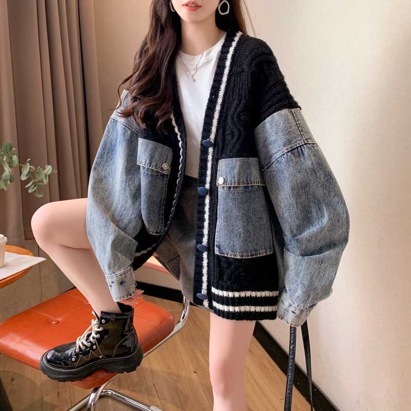 Japan and South Korea autumn and winter large size loose casual versatile cardigan sweater fat mm design sense splicing knitted denim jacket women