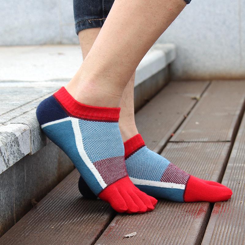 Men's Thin All-Cotton Five-Toe Low-Cut Crew Socks: Sweat-Wicking, Anti-Odor, Anti-Friction, Color-Blocking Design