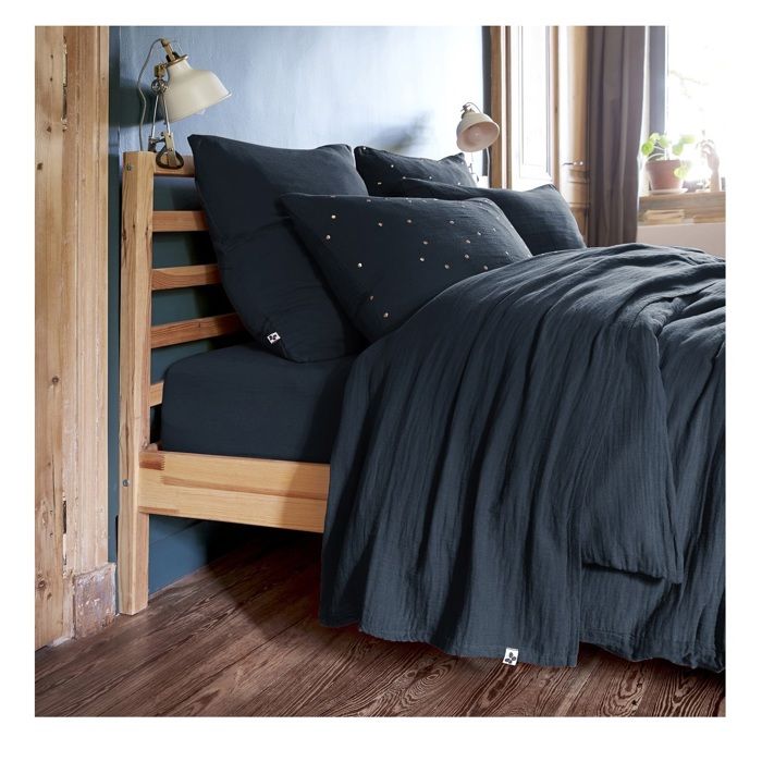 Drap plat - Gaia - 240 x 300 cm - 100% gaze de coton - Bleu marine - Lavable