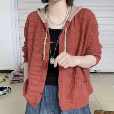 Frühling und Herbst Neue Mode Ausländischer Stil Kapuzen-Strickjacke Damen Retro Lässig Locker Außen Pullover Jacke Fauler Stil