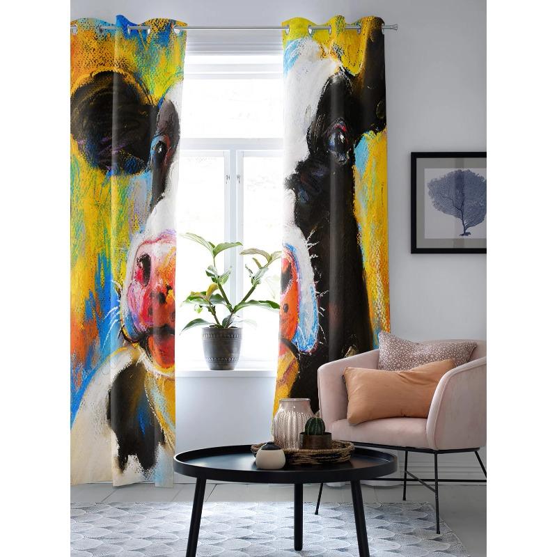 Animal Cow Color Oil Painting Window Curtains Bedroom Kitchen Drapes Panel Curtains for Living Room Christmas Home Decor