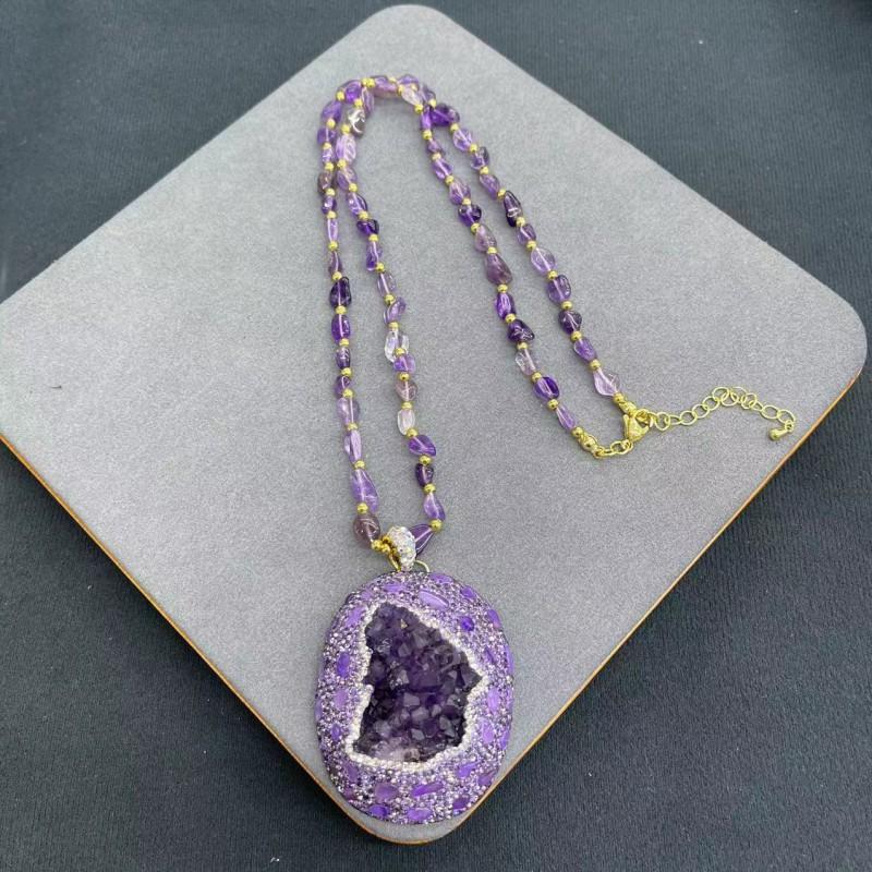 Natural Uruguay Amethyst Rough Stone Set With Handmade Knit Chain Necklace Bracelet Women
