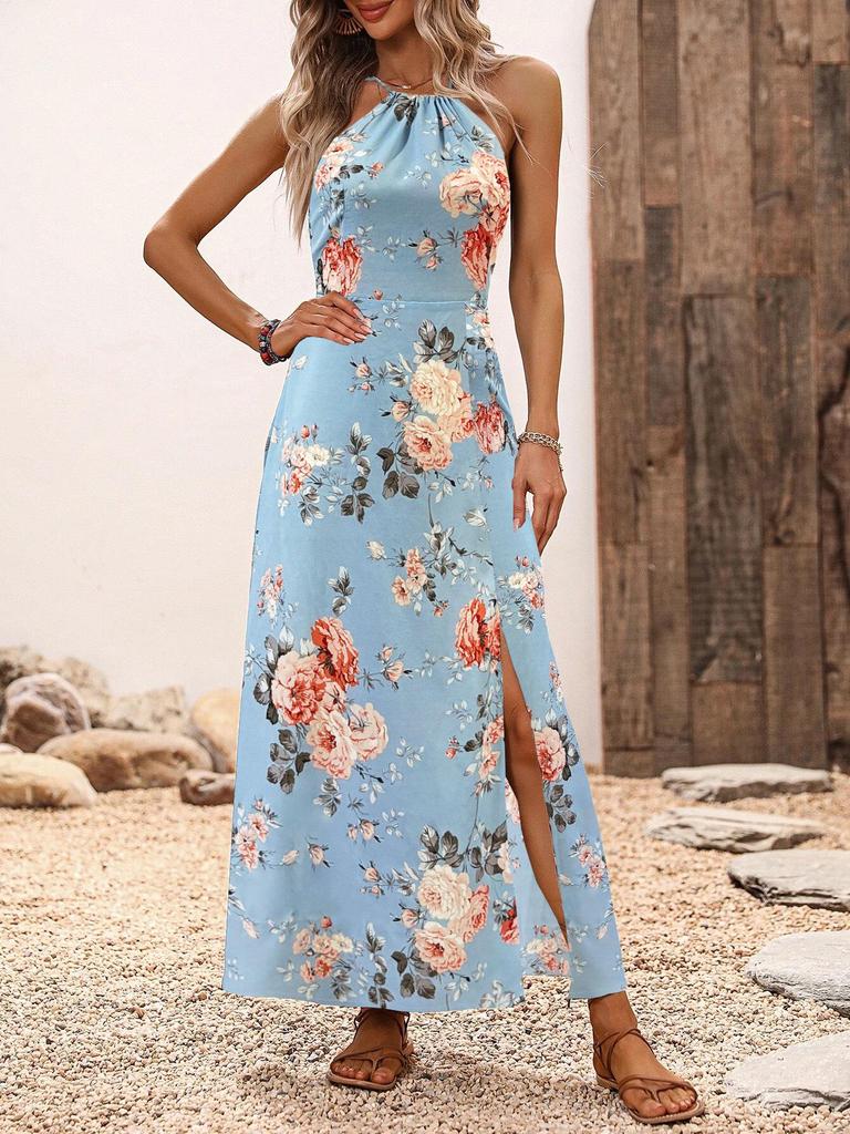 2025 Spring/Summer Floral Print Slit Halter Neck Dress - European & American Style