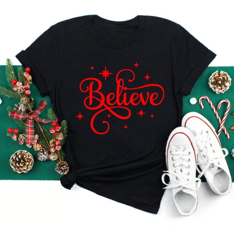 Christmas New Year Themed Print Womens TShirt Casual Short Sleeve Top For Holiday Party Festive Enthusiasts
