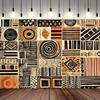 2D Platgedrukte Afrikaanse Stammen Wandkleed met Geometrisch Patchwork, Zwart Oranje Beige Moddoek Ontwerp