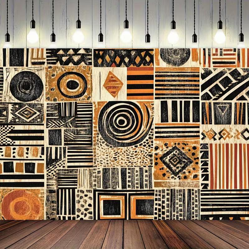 2D Flat Print African Tribal Tapestry with Geometric Patchwork, Black Orange Beige Mud Cloth Design 47.2x31.5inch/120*80cm