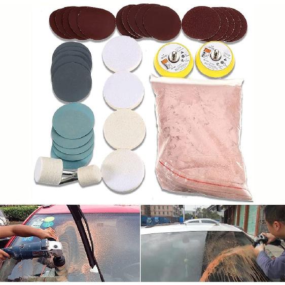 Glass Polishing Kit Scratch Removal Set 34 Pcs Deep Scratch Remover Ceric Dioxide Abrasive Discs Polish Pad Felt for Windscreen and Glass