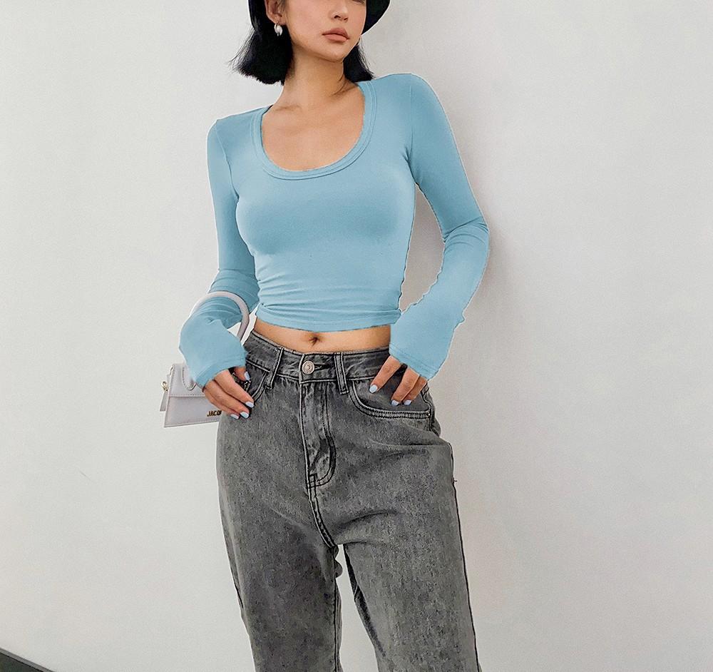 Spring and Autumn Women's Blouse Short Round Neck Fashionable Versatile Casual Long-sleeved Tops