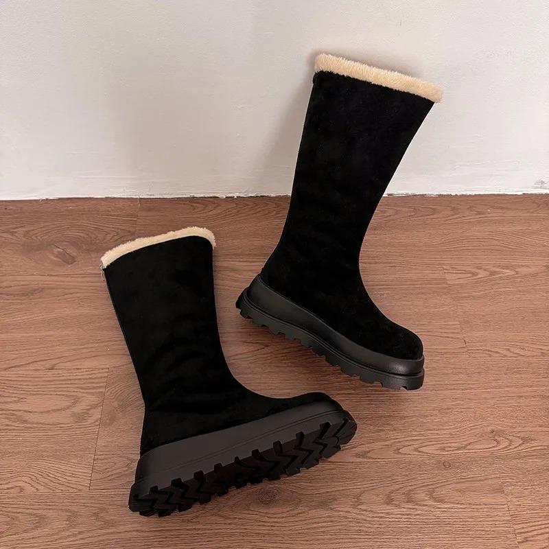 2025 Neue Baumwollstiefel Winter Runde Spitze Fleece Warm Plateau Reißverschluss Hinten Anti-Rutsch Absatz Stiefel