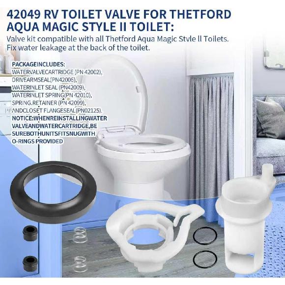 42049 Sada pro výměnu splachovacího ventilu toalety pro obytné vozy, Pro pevné toalety Thetford Aqua Magic II. S těsněním příruby toalety, Díly pro toalety obytných vozů