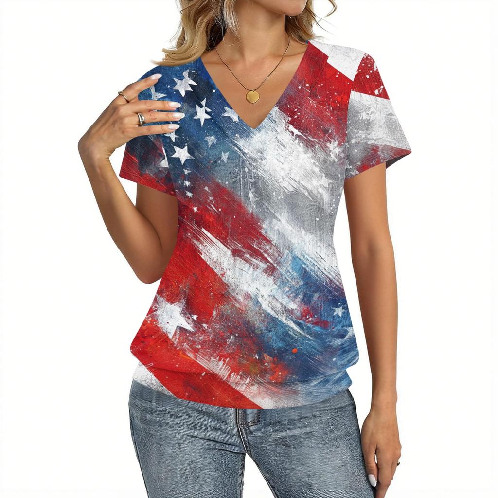 Women's Casual Short Sleeve V Neck Top American Flag Print Lightweight Summer Shirt Comfortable Fit