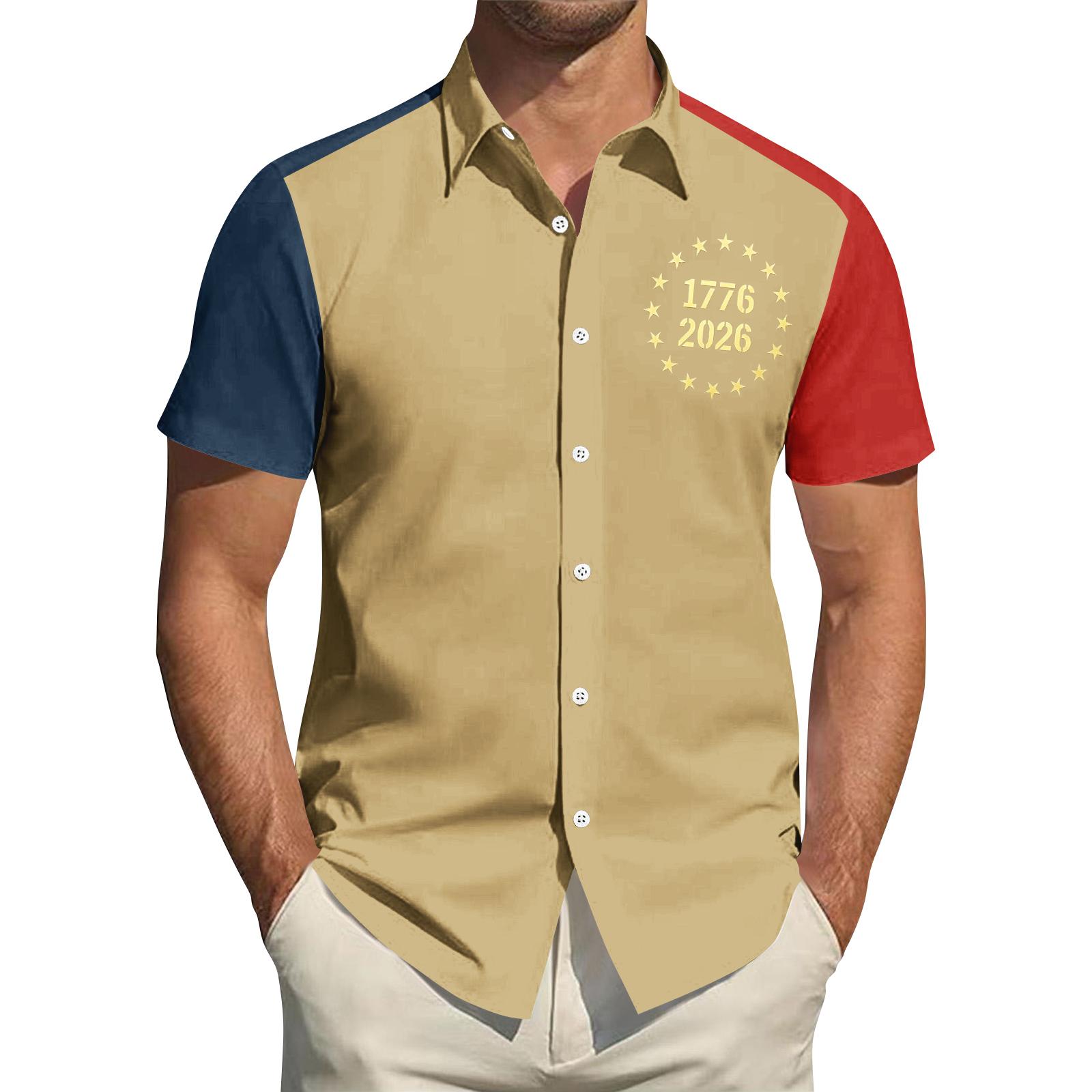 

Men’s Short Sleeve Button Down Shirt with 1776 2026 Semiquincentennial Print Casual Collared Top for Everyday Wear XXXL хаки