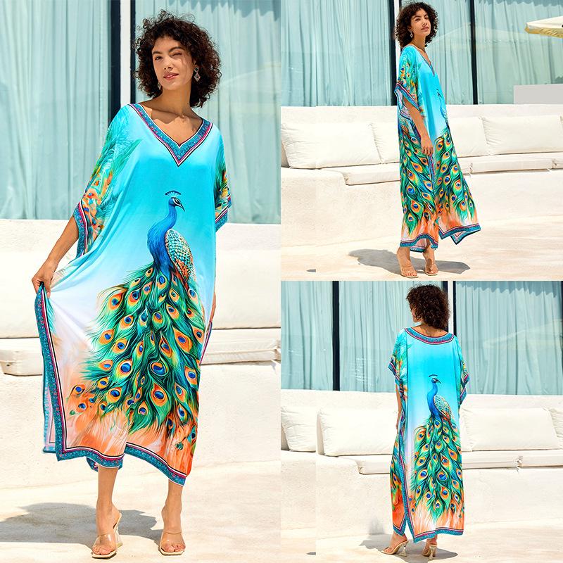 European & American Cotton Print Beach Cover-Up Long Dress - Plus Size Swimsuit Sunscreen Robe