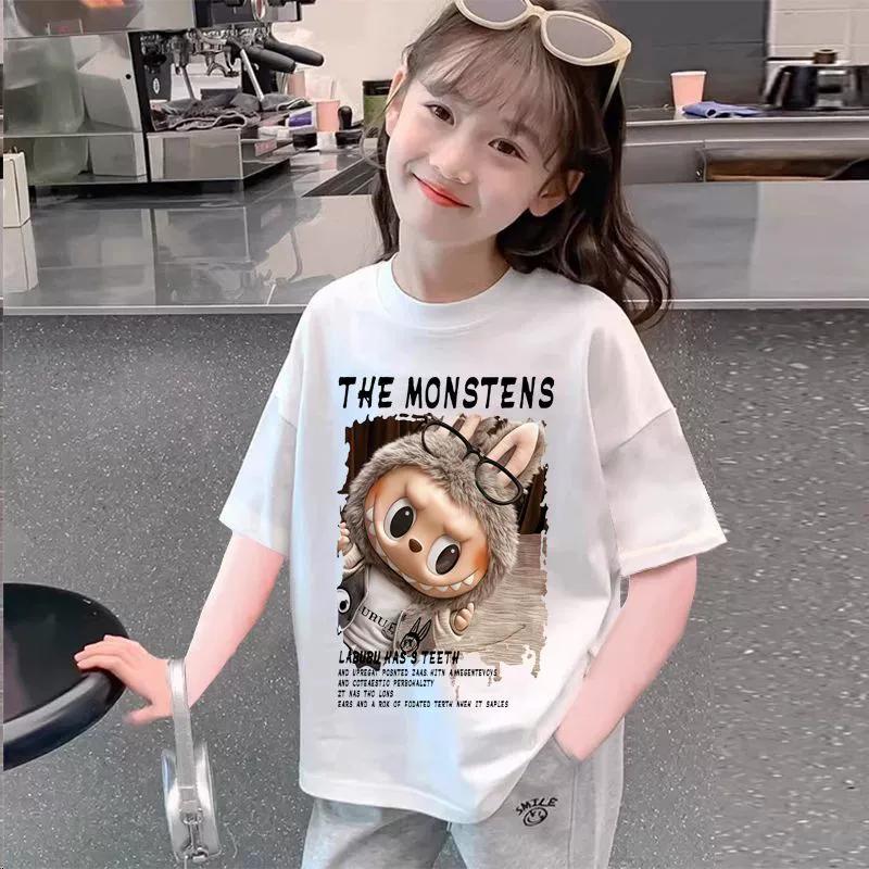 Camiseta Infantil Estampada Desenho Animado Elfo Monstro Labubu Verão Casual Feminina para Exterior Menina Manga Curta