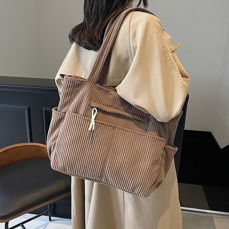 Casual Corduroy Handbag Zipper Closure Light and Large Capacity Shoulder Bags Solid Color Women's Daily Commuter Tote