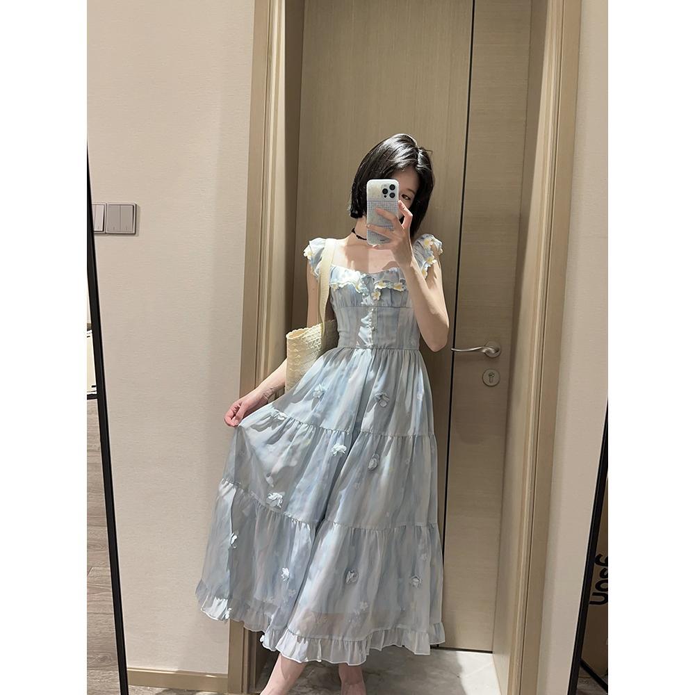 Blue Flower Unique Beautiful Temperament Dress Women's Summer Waist and Thin Temperament Square Neck Suspender Skirt
