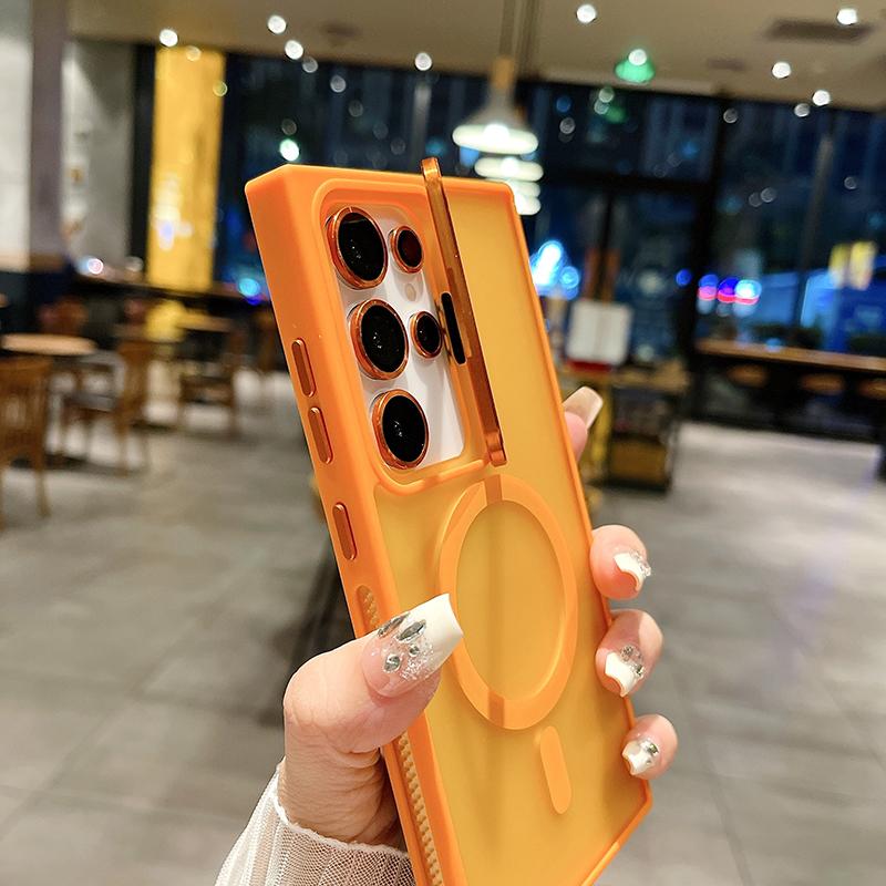 For Magsafe Magnetic Wireless Charging Metal Lens Holder TPU Frame Phone Case For Samsung S24 Ultra Plus Matte PC Back Cover